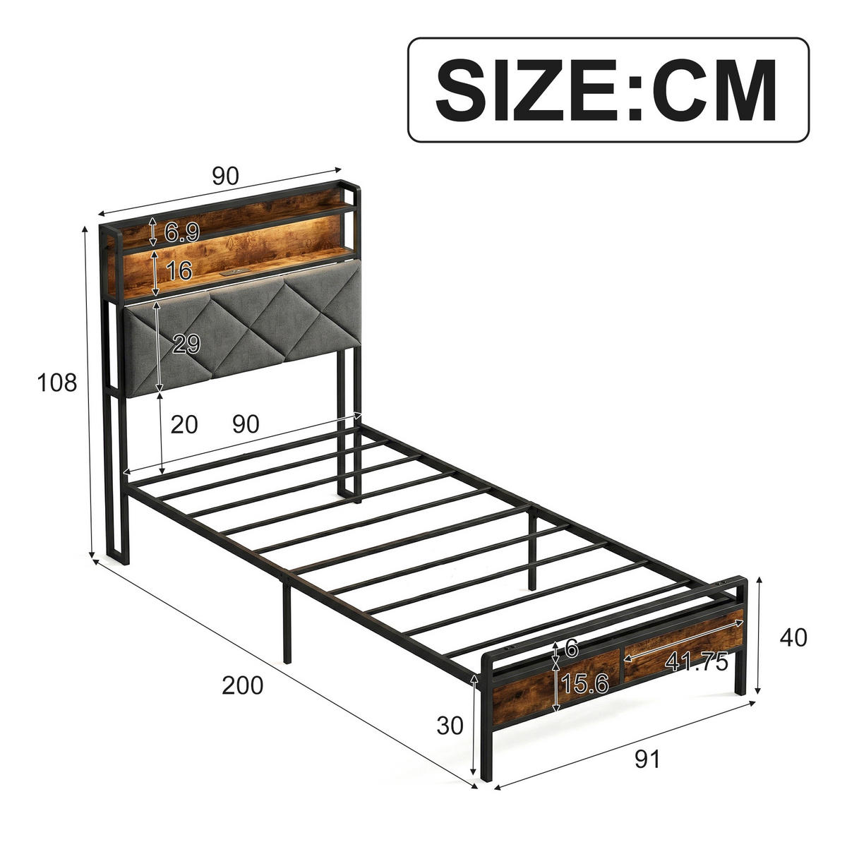 EINZELBETT 90x200 cm mit LED-Kopfteil und USB-Anschlüssen - Gestell aus Metall und Walnussholz, Lattenrost, Jugendbett - Naturfarben, Holzwerkstoff (90/200cm) - Brevoria