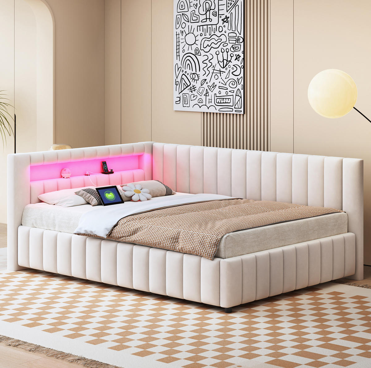 SCHLAFSOFA 140/200 cm mit LED-Beleuchtung, USB-Anschluss, Kopfteil und Rückenlehne, Samt, Beige - Beige, Textil (147.5/82/209cm) - Redom