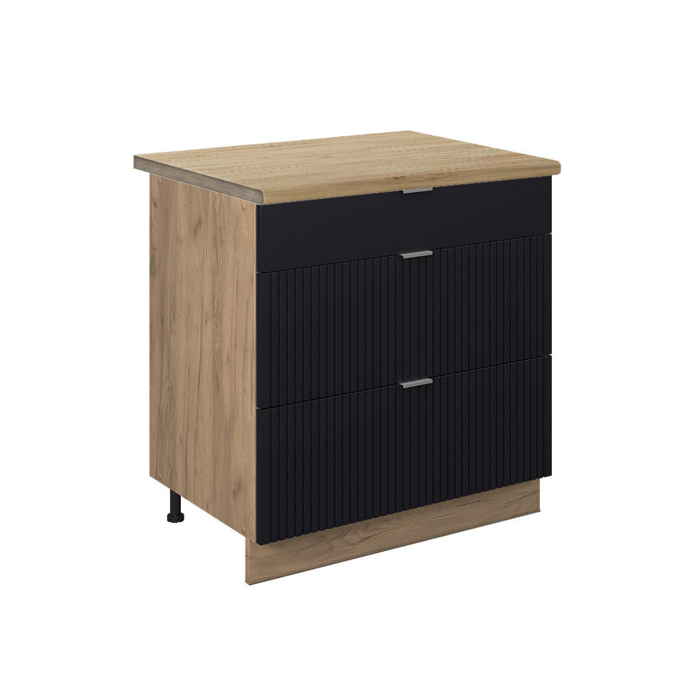 KÜCHENUNTERSCHRANK Fame-Line, Schwarz gestreift, 80 cm mit 3 Schubladen, AP Eiche - Eiche Wotan/Schwarz, Holzwerkstoff (80/82/60cm) - Vicco
