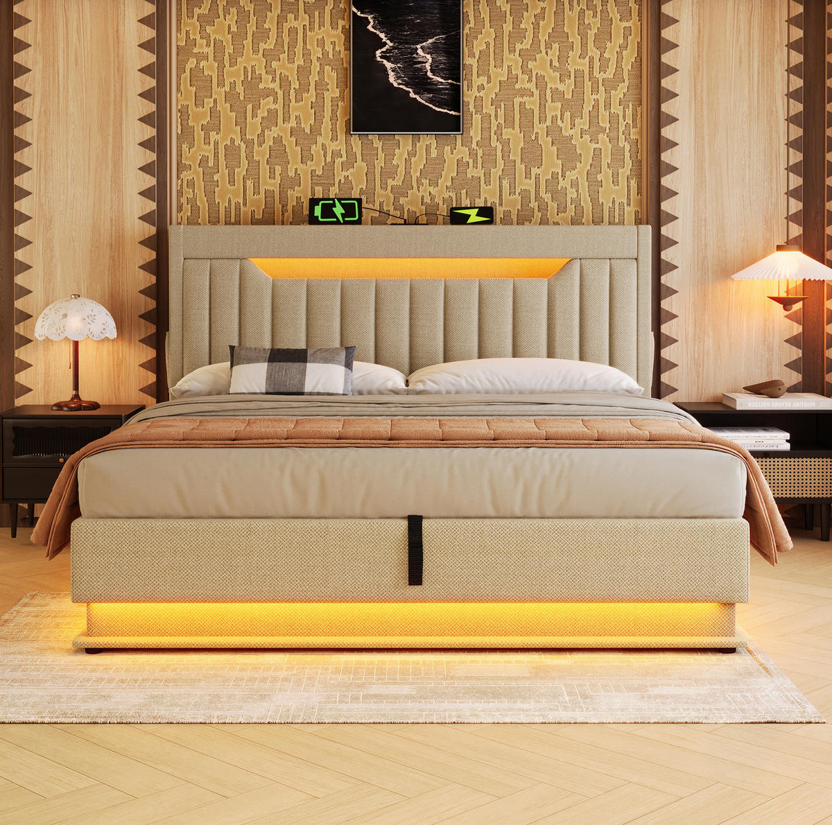 POLSTERBETT mit LED und Stauraum 180x200 cm Leinen Beige - Beige, Metall (180/200cm) - Meubliv