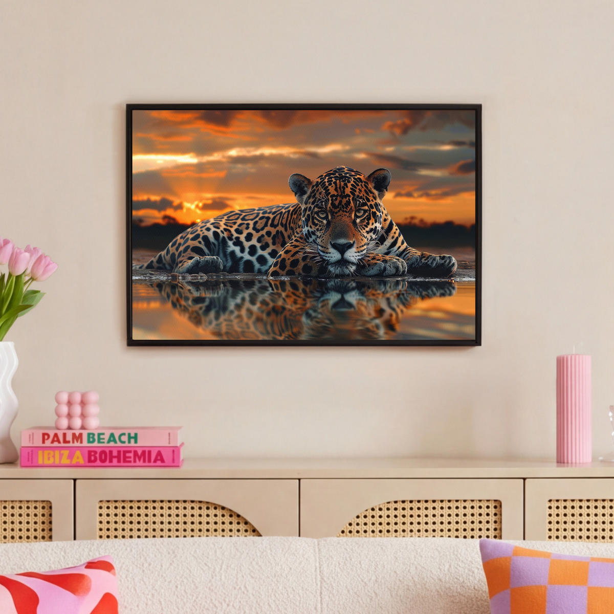 LEINWAND Bilder mit Rahmen - Natur - Leopard - Tier - Sonnenuntergang - Modern - 60x40 - Orange, Textil (60/40cm) - MuchoWow