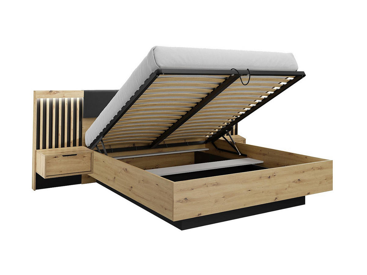 BETT mit Bettkasten - 2 Personen - Holz, Platte - Schwarz, Naturfarben Hell - - Schwarz/Naturfarben, Holz (160/200cm) - Vente-Unique