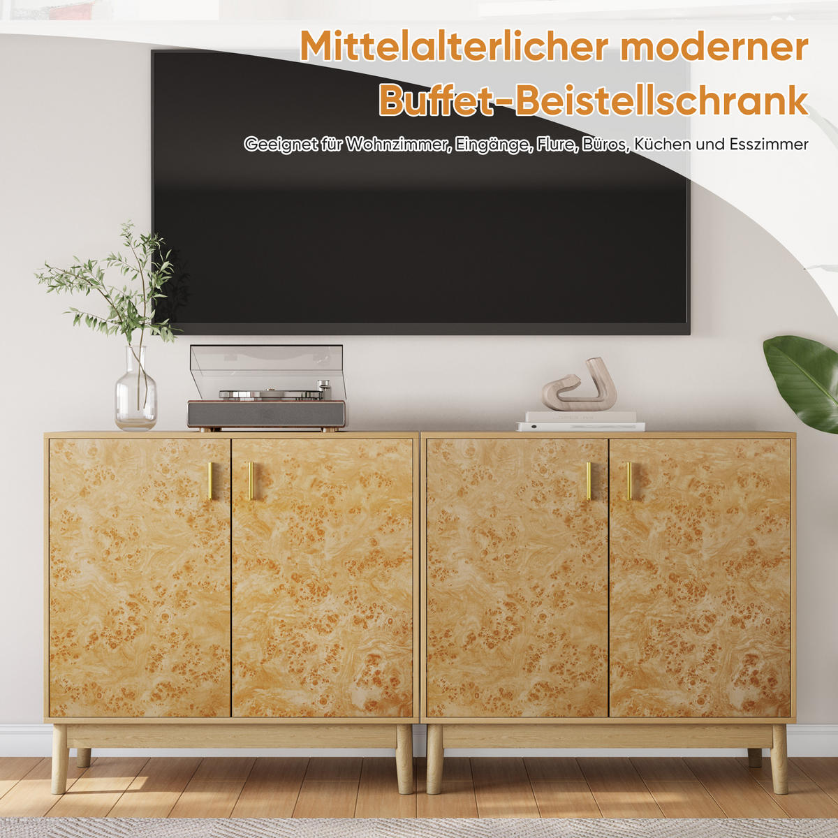 SIDEBOARD Gelb mit Baumknoten-Struktur, goldener Griff, MDF/Holz, verstellbare Einlegeböden, 80/38/77,5 cm, Gelb - Gelb, Holzwerkstoff (80/77.5/38cm) - Redom