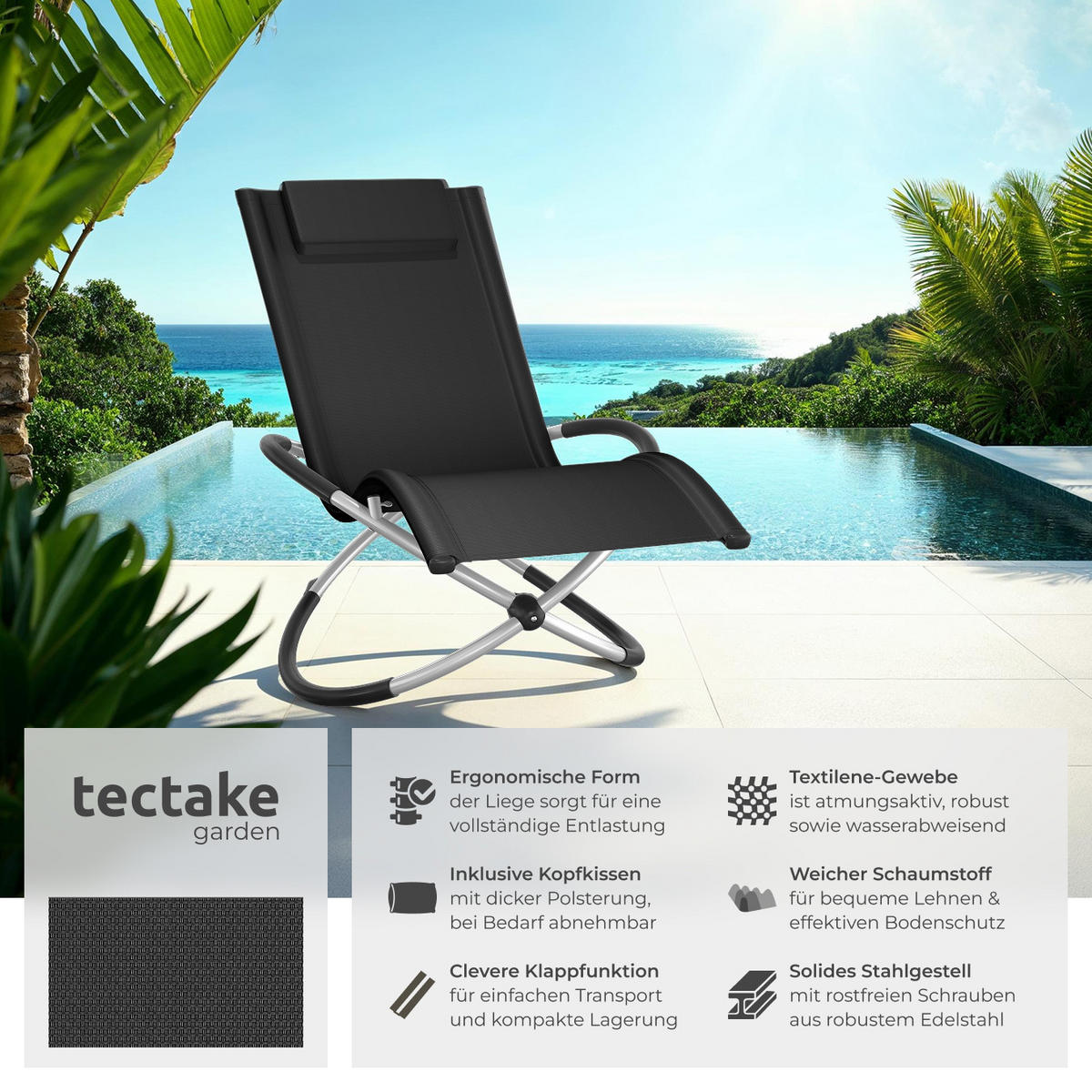 SONNENLIEGE Paulina,150 x 73 x 93 cm,schwarz - Schwarz, Metall (73/93/150cm) - tectake