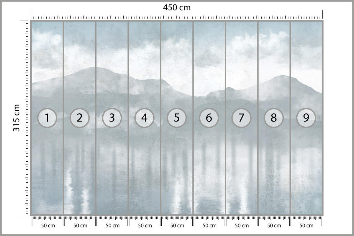 FOTOTAPETE Neblige blaue Landschaft Berge 450x315 - Grau, Papier (450/315cm) - Muralo