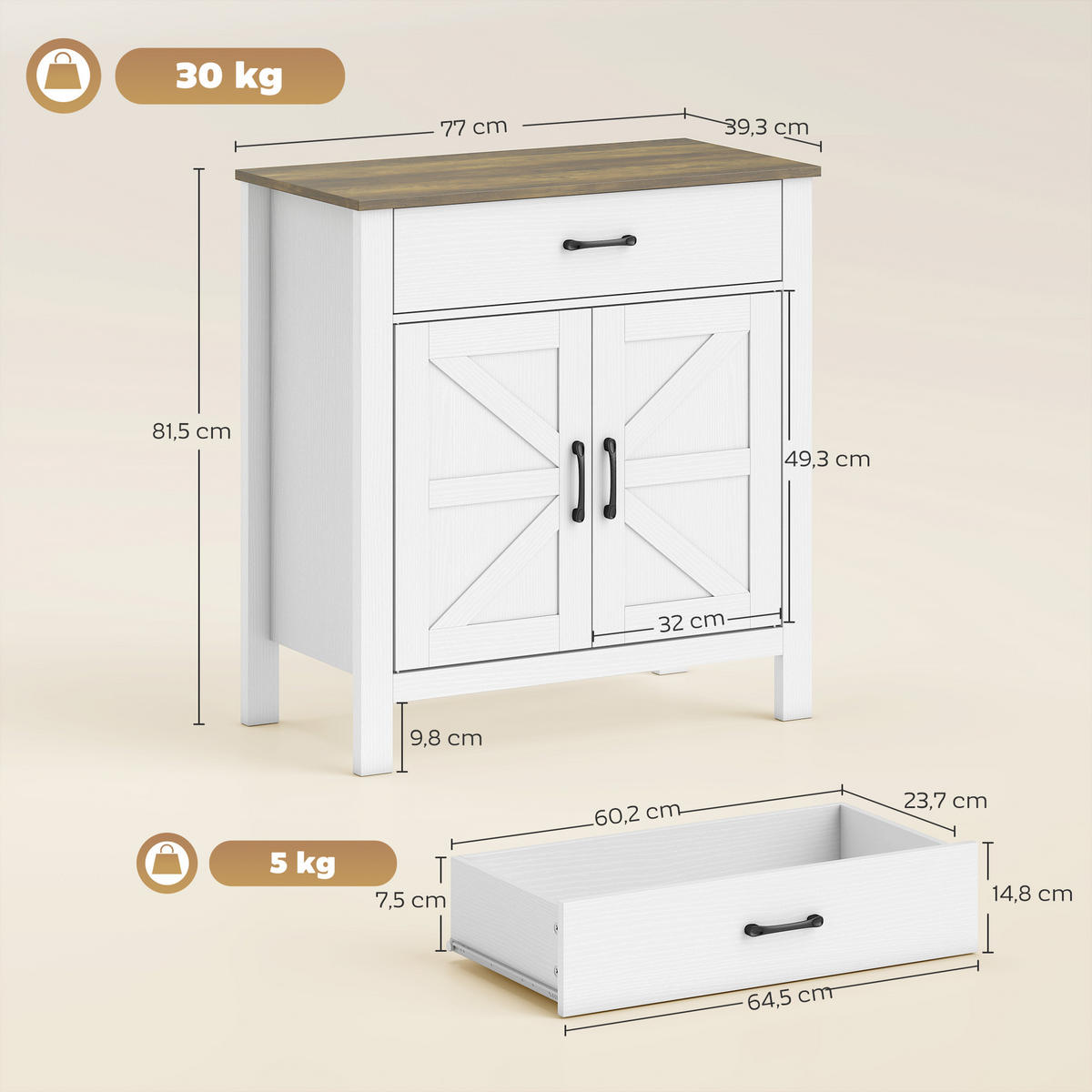 SIDEBOARD Spanplatte 77/40/82 cm Weiß - Weiß, Holzwerkstoff (39.3/81.5/77cm) - HOMCOM