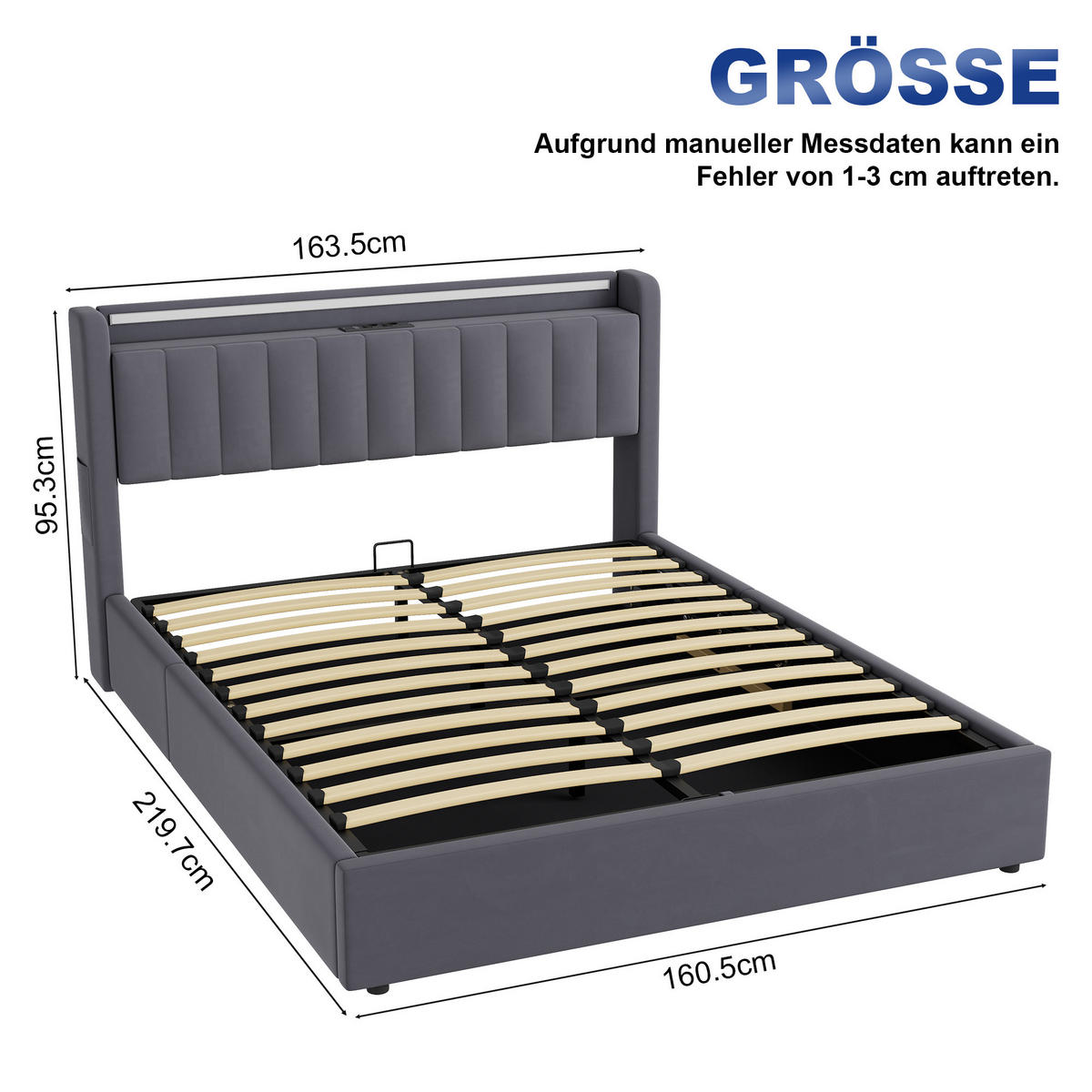 POLSTERBETT 160/200 cm in Grau, mit Bettkasten, Matratze, Stauraum, USB und LED Beleuchtung - Grau, Holzwerkstoff/Textil (160/200cm) - WISHDOR