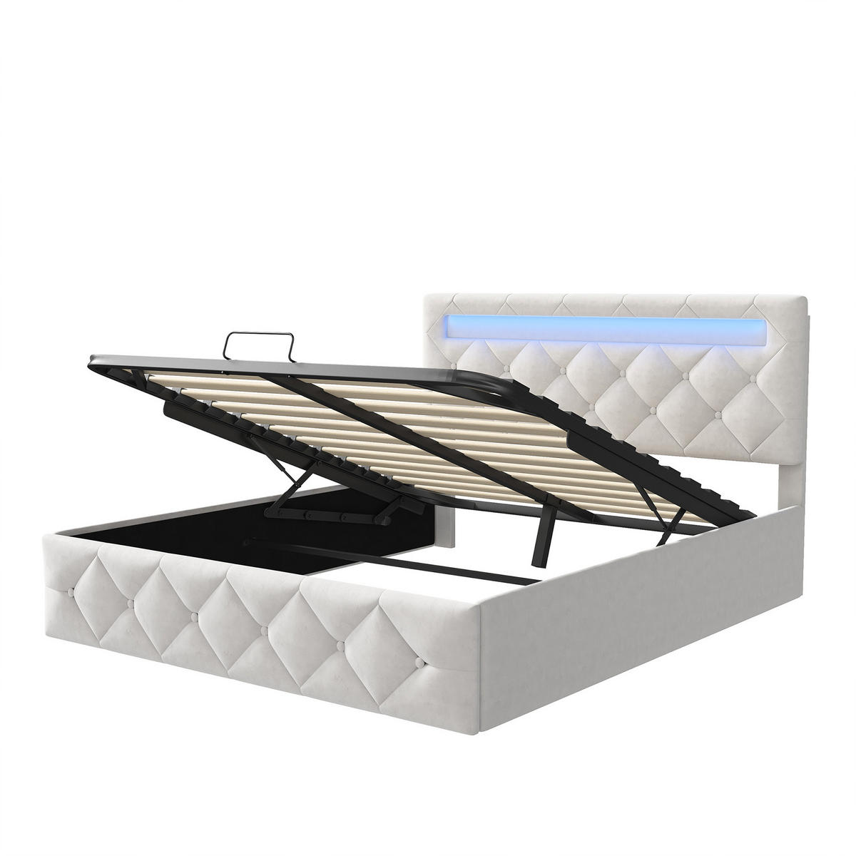 POLSTERBETT 160x200 cm mit Bettkasten, Doppelbett 160x200 cm mit LED, Stauraumbett mit Hydraulik, Cremeweiße Samt - Creme, Holzwerkstoff/Textil (160/200cm) - GENKI LIVING