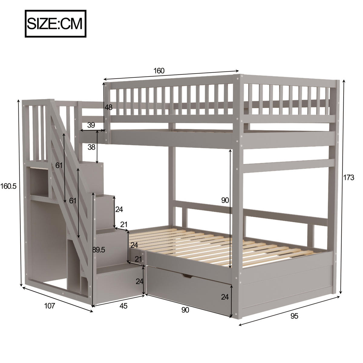 ETAGENBETT 90/200 cm mit Stauraumtreppe, Schublade, Lattenrosten und hohem Sicherheitsgeländer, Grau - Grau, Holzwerkstoff (90/200cm) - Redom