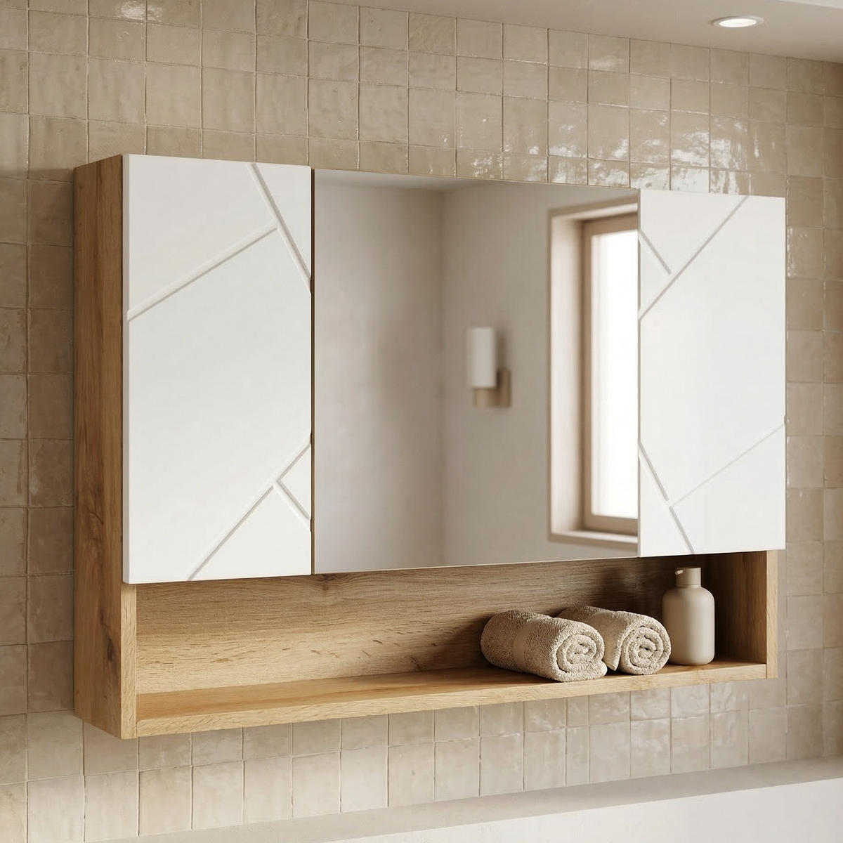 SPIEGELSCHRANK Manello 3 Türen Eiche mit Matt Weiß - 80 x 17 x 60 cm - Eichefarben/Weiß, Holz (80/60/17cm) - Badplaats