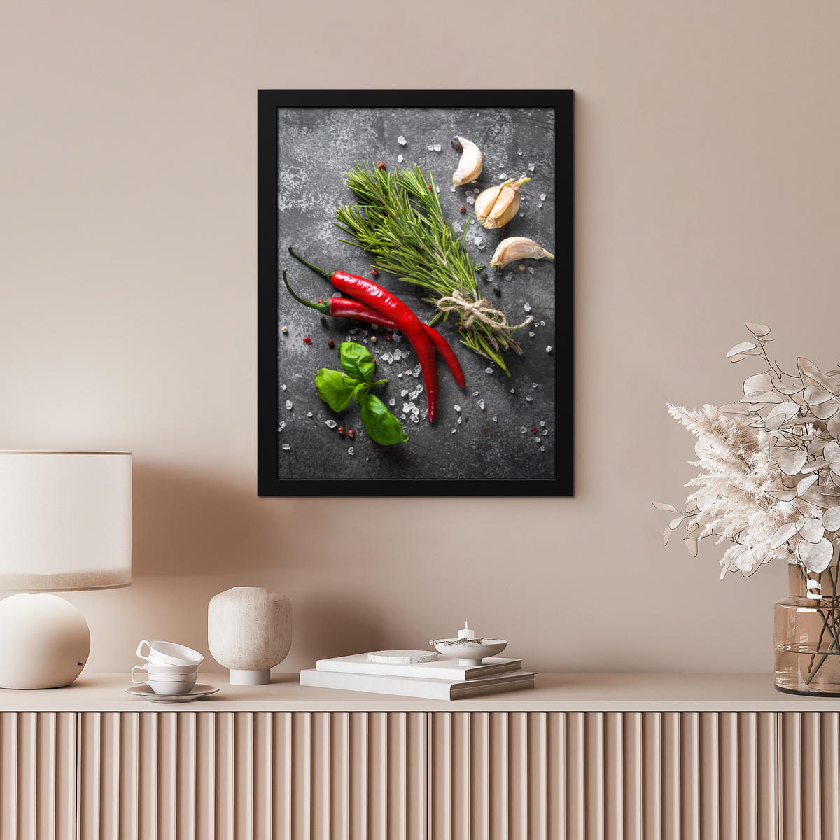 GERAHMTES BILD Pfeffer - Kräuter - Gewürze - Beton 30x40 cm - Dunkelgrau, Papier (30/40cm) - MuchoWow