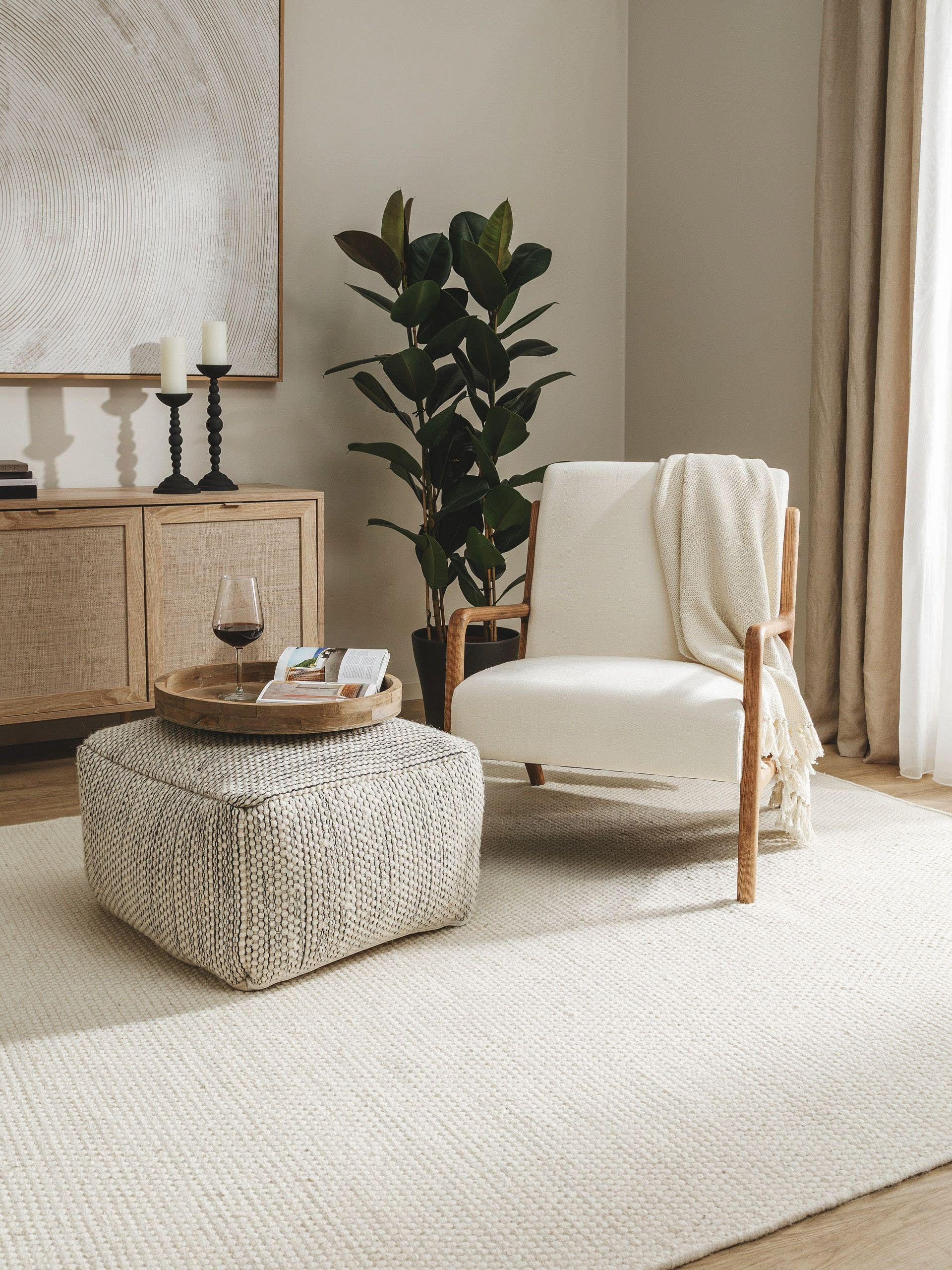 WOLL-POUF handgefertigt Rocco Beige/Schwarz 55x55x30 cm - Beige, Textil (55/30/55cm) - benuta Pure