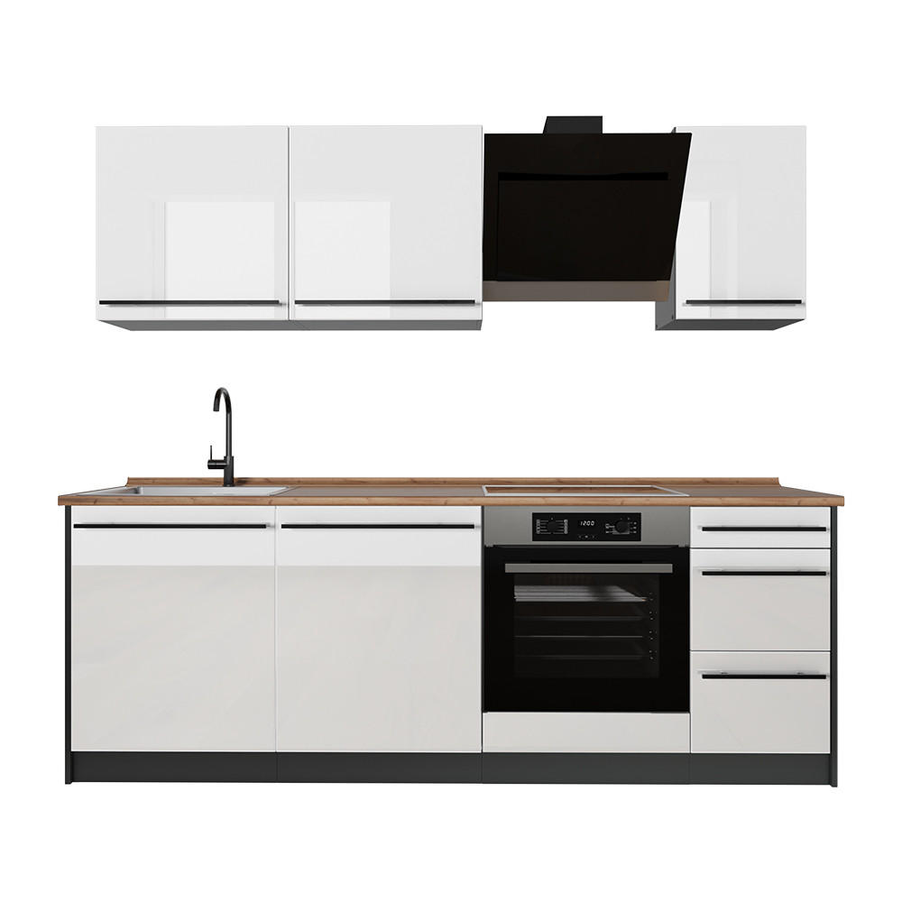 Vicco Küchenzeile Weiß Hochglanz, Anthrazit 220x81.6x60 cm