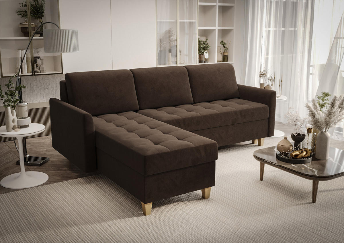 ECKSOFA KONGO RBN08, Eckcouch in L-Form mit Schlaffunktion, Farbe: Dunkelbraun, Velourstoff, Ottomane Links - Dunkelbraun, Textil (240/180cm) - O-Sofa