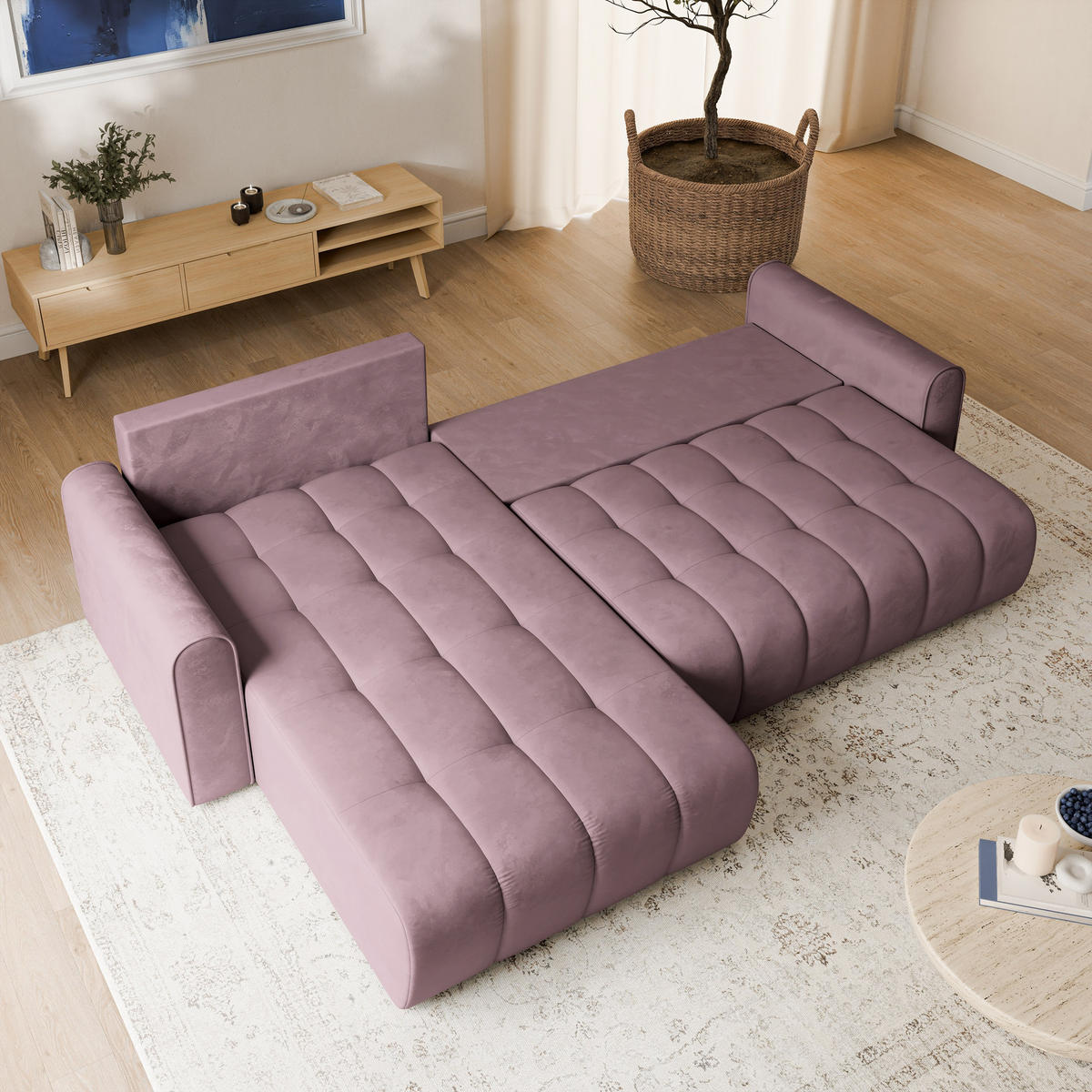 ECKSOFA FRIGA Lila Velours-Stoff mit Schlaffunktion - Lila, Holz (283/185cm) - MASSENO