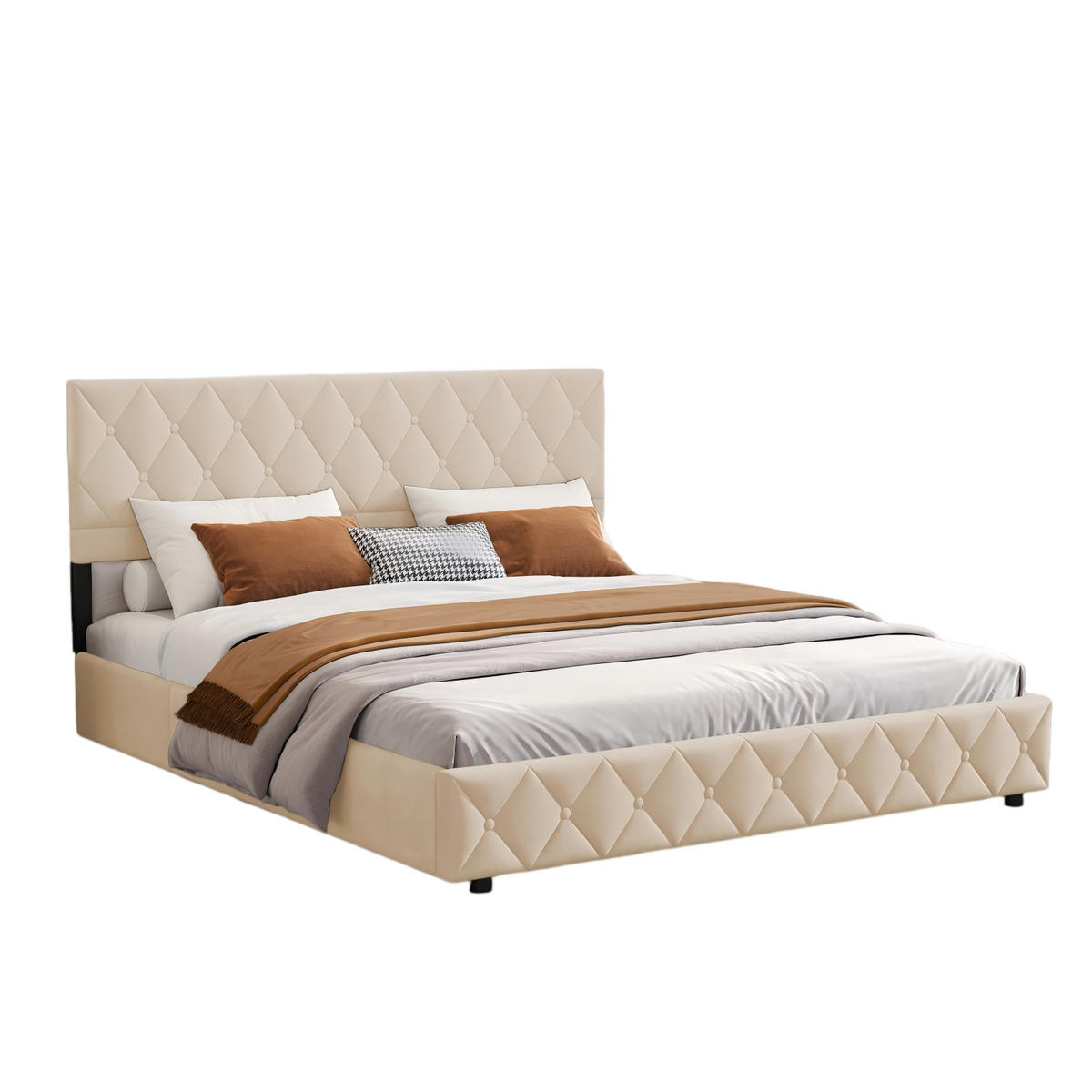 POLSTERBETT 140/200 cm Beige mit hydraulischem Stauraum aus Samt - Beige, Holzwerkstoff (140/200cm) - OKWISH