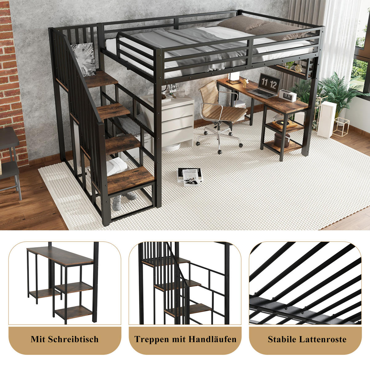 HOCHBETT 120/200 cm in Schwarz & Dunklem Walnuss mit Treppe, Schreibtisch und Regal Metall - Schwarz, Holzwerkstoff/Metall (120/200cm) - CHICFURN