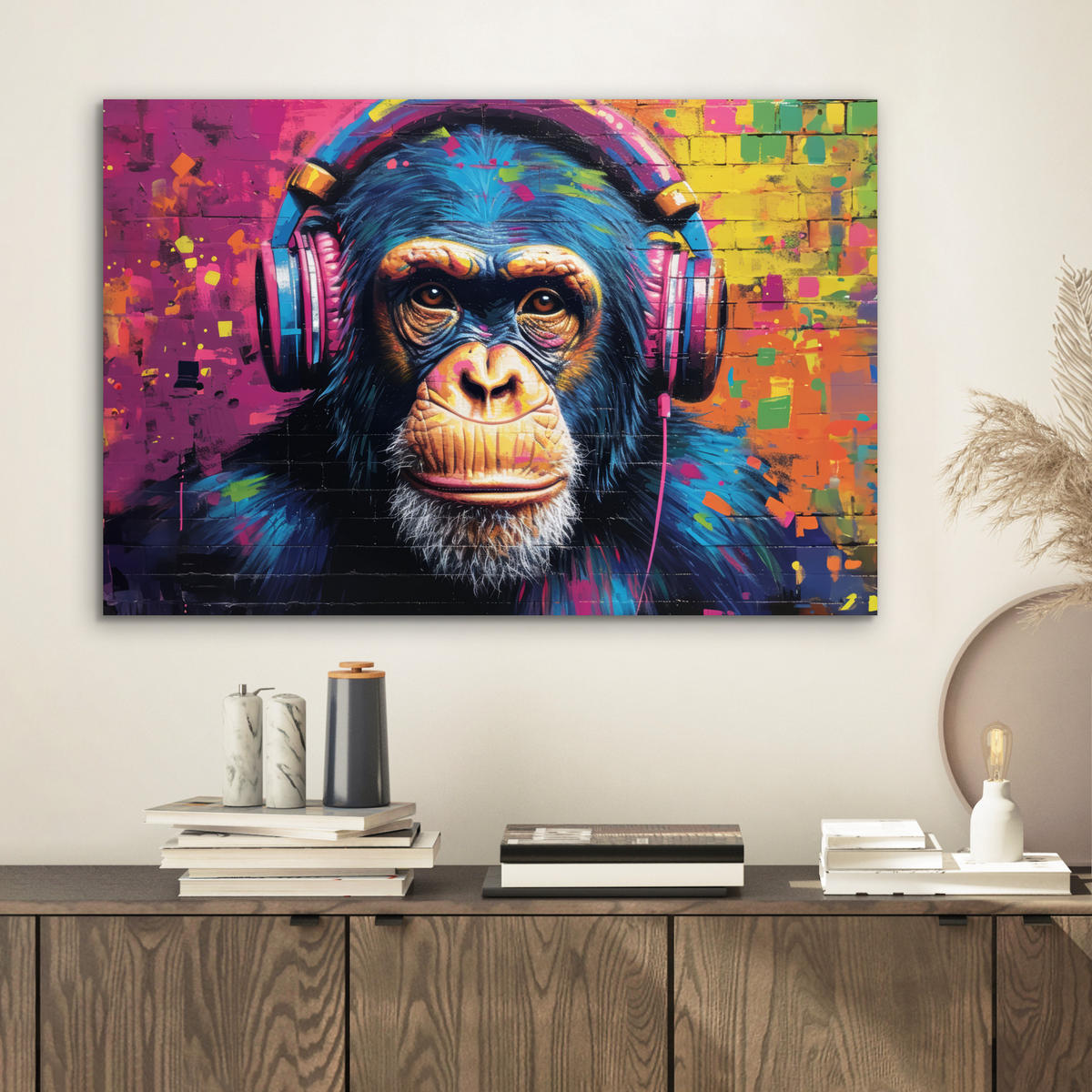 METALLBILD Graffiti - Schimpanse - Straßenkunst - Kopfhörer - Affe 60x40 cm - Blau, Metall (60/40cm) - MuchoWow