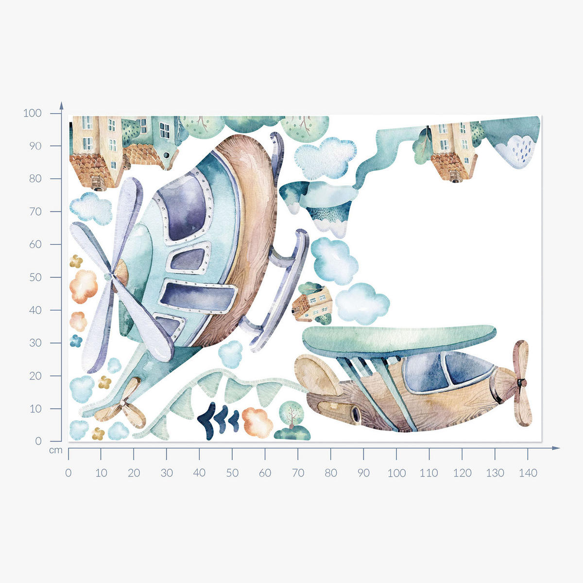 WANDAUFKLEBER 100x145cm - Hubschrauber und Flugzeug - Multicolor, Kunststoff (100/145/0.1cm) - Wallfluent