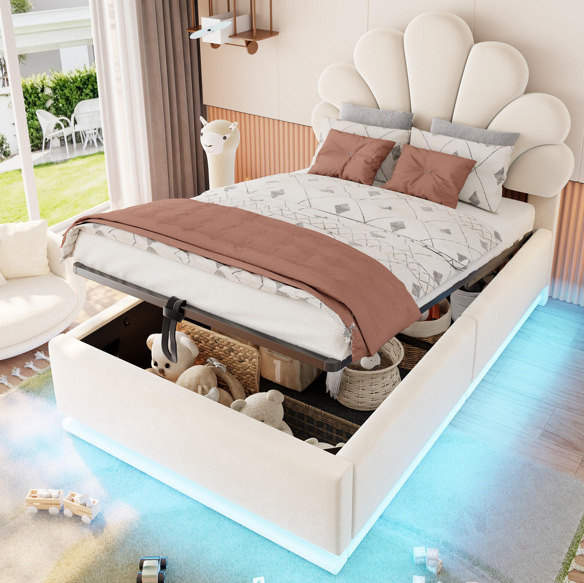 POLSTERBETT 90x200 cm in Beige mit LED-Beleuchtung und hydraulischem Stauraum - Beige, Textil (90/200cm) - IVMEU