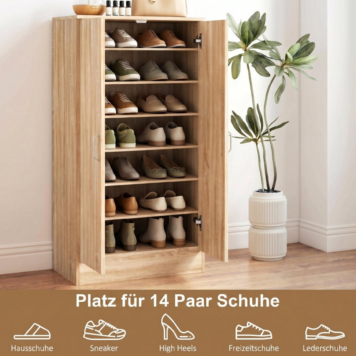 SCHUHSCHRANK DE-38045 55/35/108 cm mit 6 verstellbaren Regalböden Naturholz - Naturfarben, Holzwerkstoff (55/108/35cm) - ComfortXL