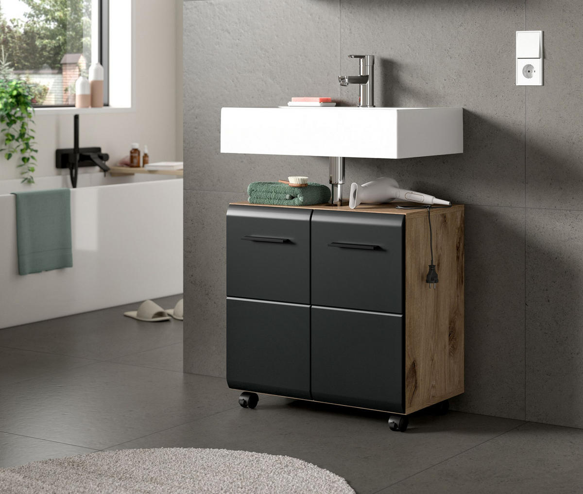 WASCHBECKENUNTERSCHRANK auf Rollen ICE (B/H/T: ca. 60/58/30 cm) in Nox Oak Nachbildung/schwarz matt - Eichefarben, Holzwerkstoff (60/58/30cm)