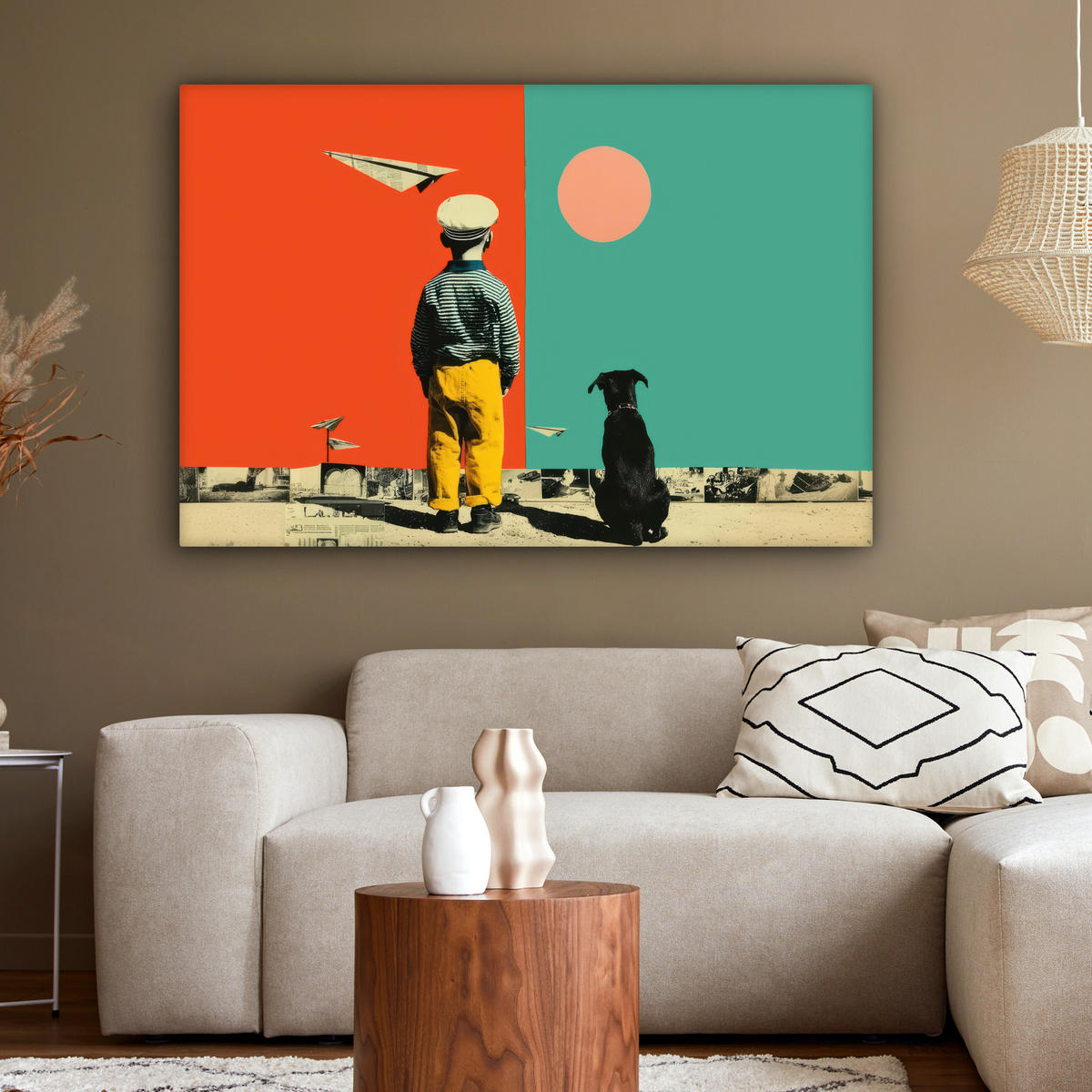 LEINWANDBILD Retro - Junge - Hund - Rot - Grün Groß 140x90 cm - Orange, Textil (140/90cm) - MuchoWow