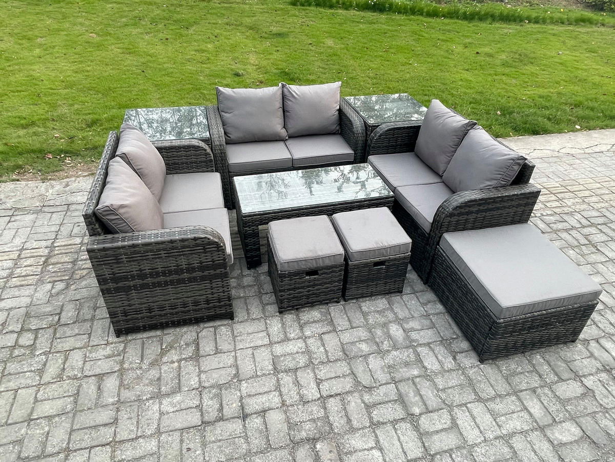 GARTENSOFA SET mit rechteckigem COUCHTISCH Polyrattan 9-Sitzer Dunkelgrau - Dunkelgrau/Grau, Glas/Kunststoff - Fimous
