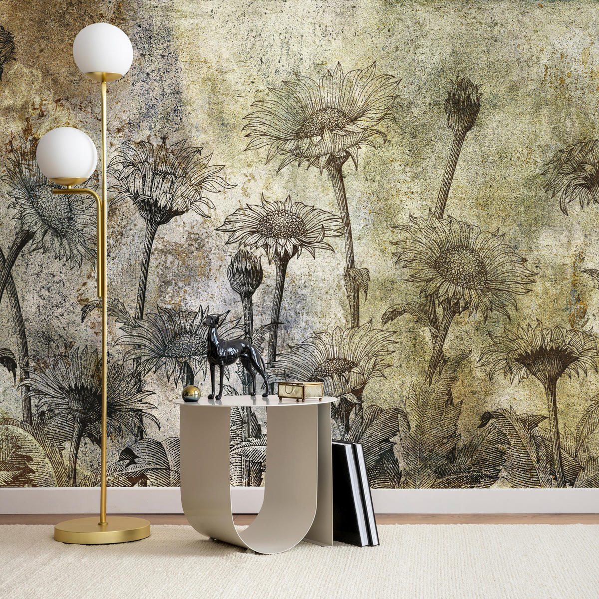 FOTOTAPETE Abstrakte Sonnenblumen Beton Retro 500x350 - Beige/Braun, Papier (500/350cm) - Muralo