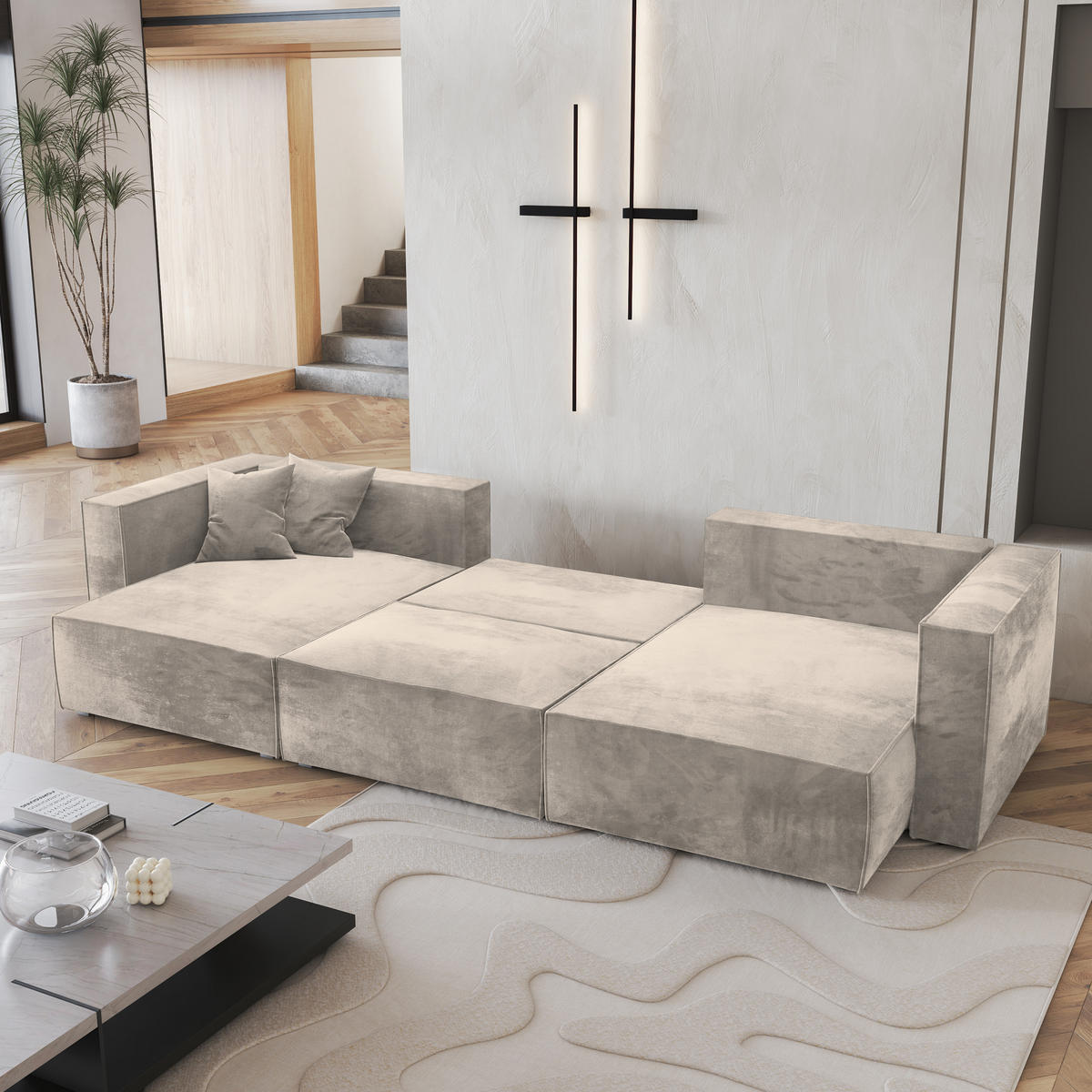 WOHNLANDSCHAFT SARMO M Creme Velours-Stoff mit Schlaffunktion - Creme, Holz (347/70/148cm) - MASSENO