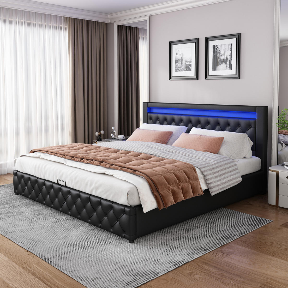 BETT mit Bettkasten und LED 140x200 cm PU Schwarz - Schwarz, Metall (140/200cm) - Meubliv
