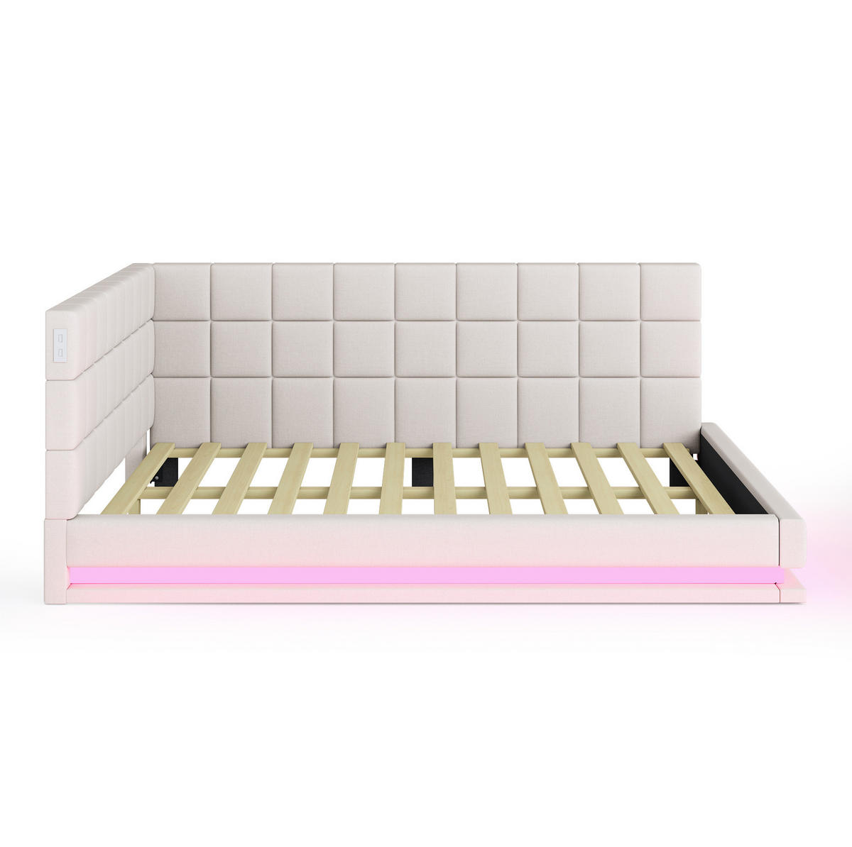 ČALÚNENÁ posteľ 140/200 cm s LED osvetlením, USB zásuvkou a roštom, Béžová - béžová, koža (140/200cm) - Redom
