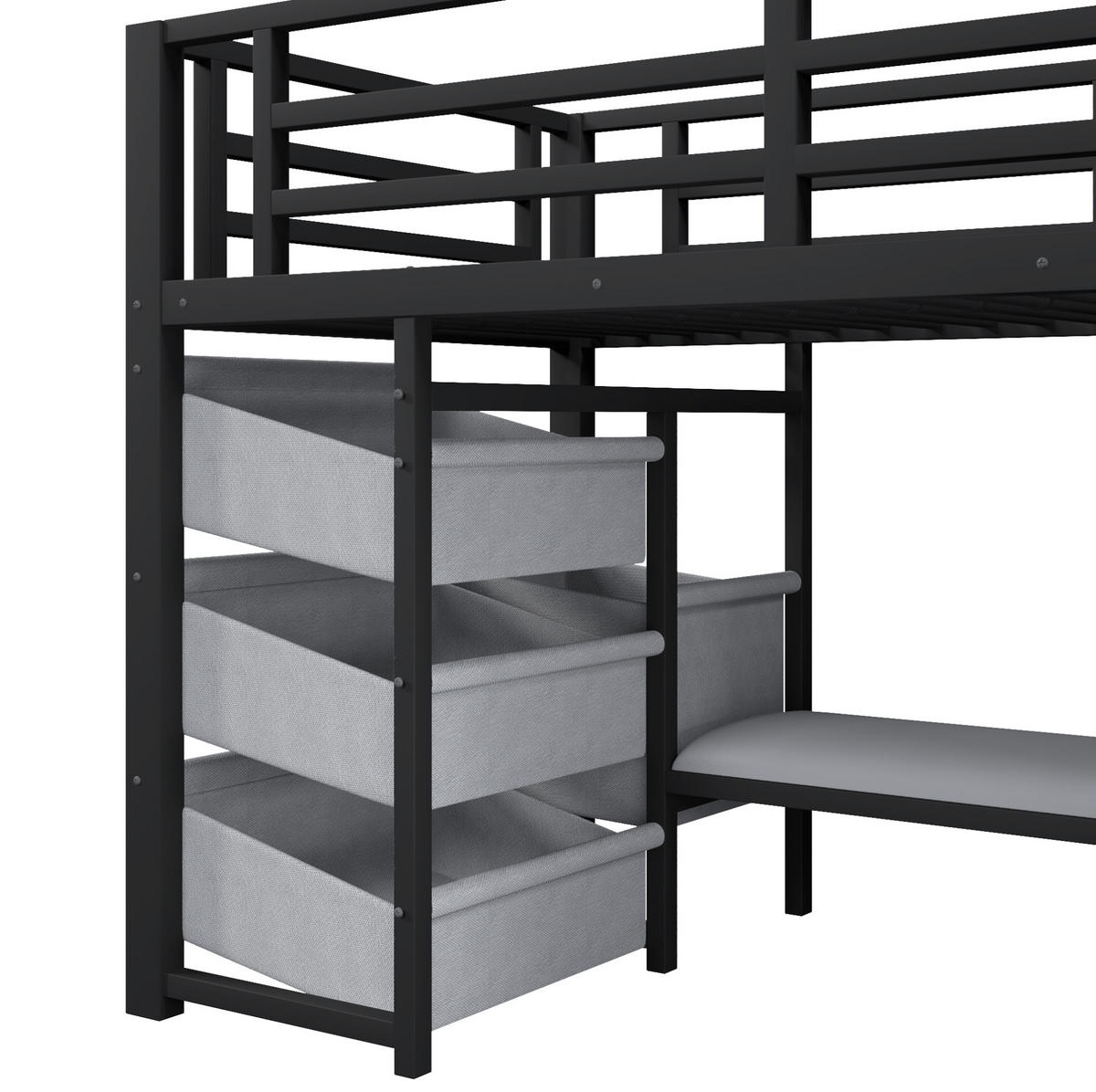 HALBHOHES Bett aus Metall 90x200 cm Schwarz mit LED-Beleuchtung, Sitzkissen und Stauraum - Schwarz, Metall (90/200cm) - IVMEU