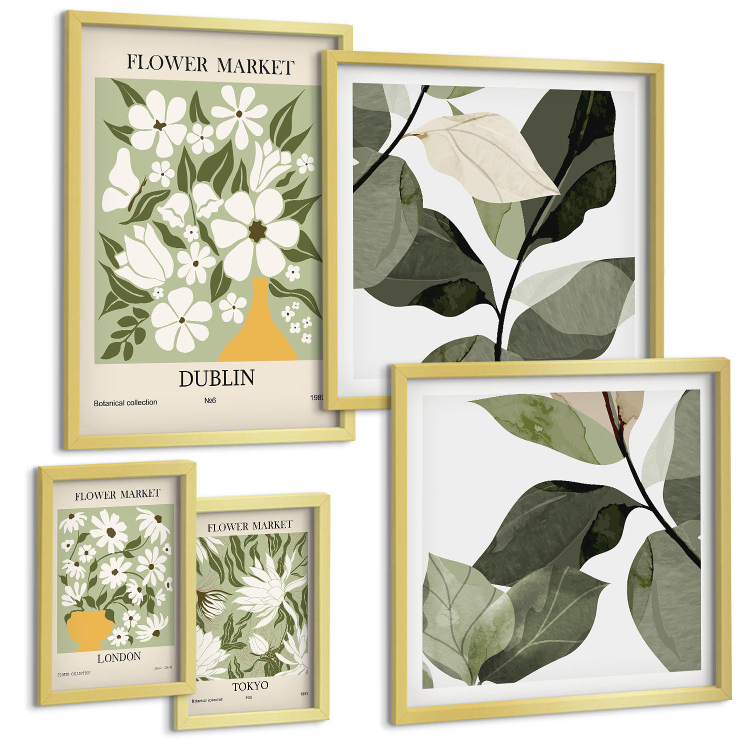 BILDER SET 5er Set - 50x50 cm & 20x30 cm & 40x60 cm Goldrahmen - Blumenmuster London Dublin - Goldfarben, Kunststoff (40/60cm) - TULUP