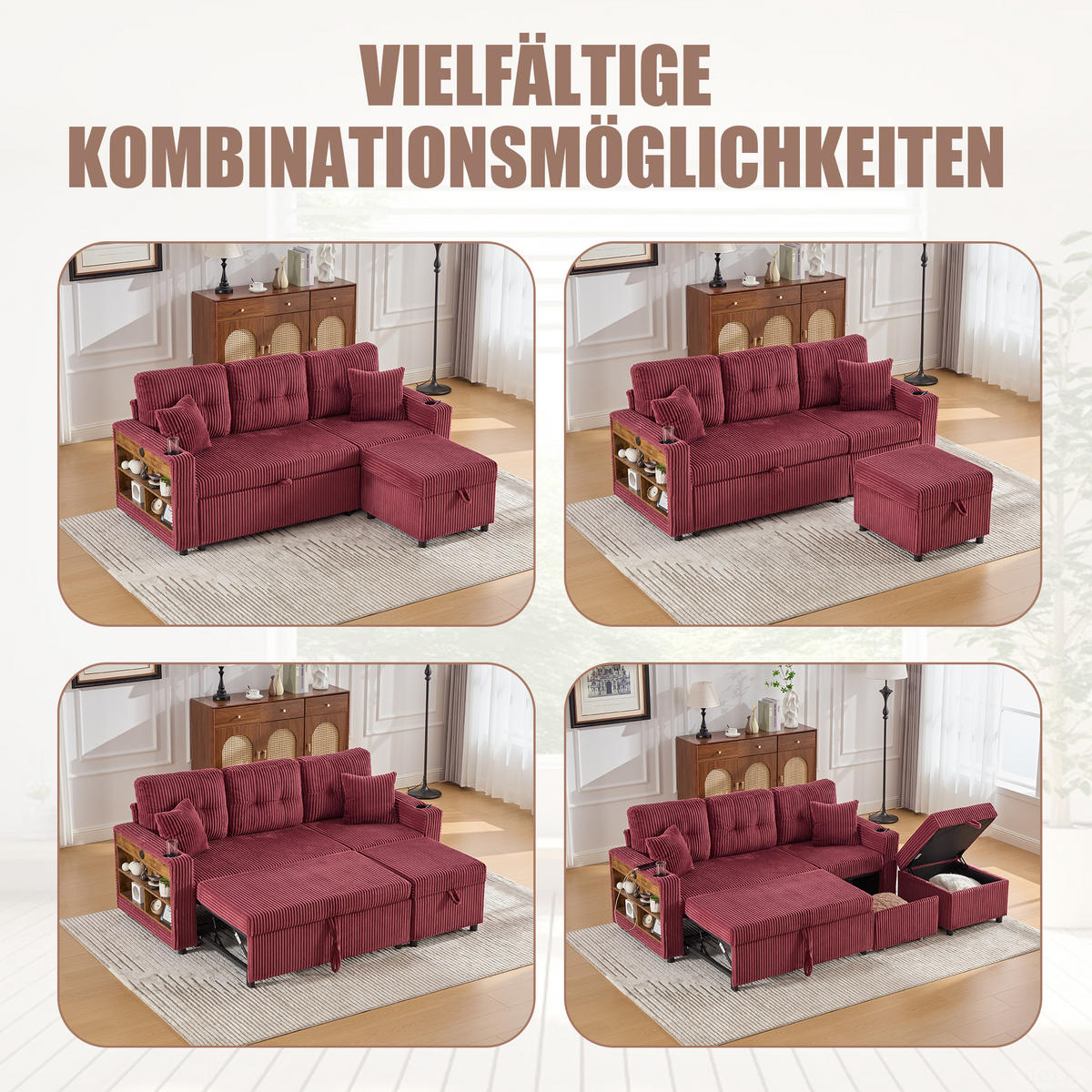 SCHLAFSOFA aus Cord mit Stauraum, Ausziehbett und USB-C - Weinrot, Textil (196/85/82cm)