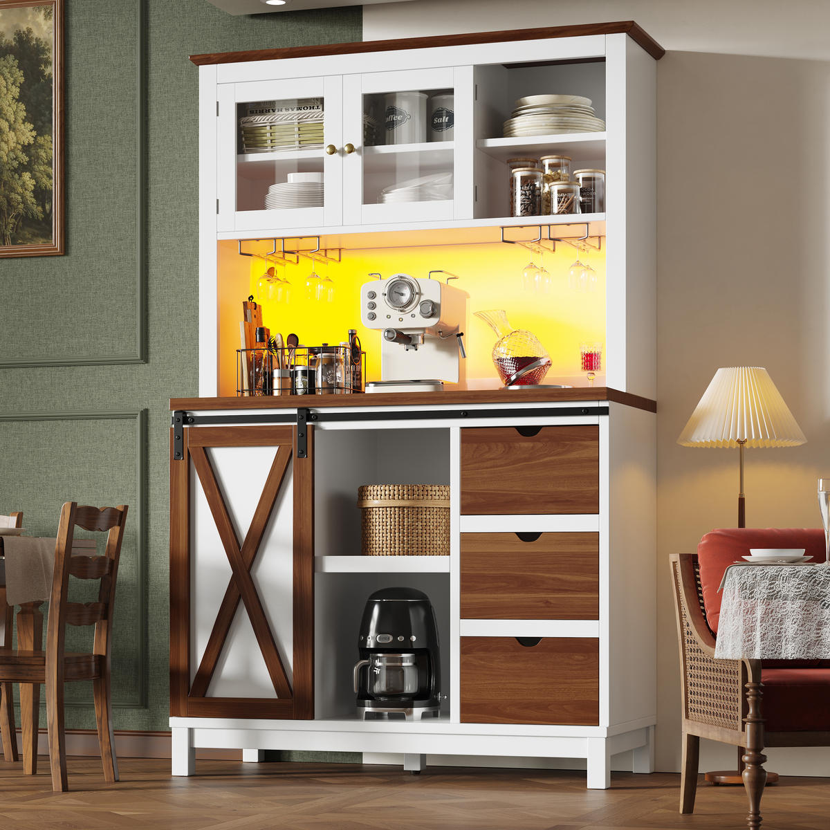 GESCHIRRSCHRANK aus MDF, Metall & Glas 104x40x180cm in Weiß mit LED - Weiß, Holzwerkstoff (104/180/40cm) - Modfu