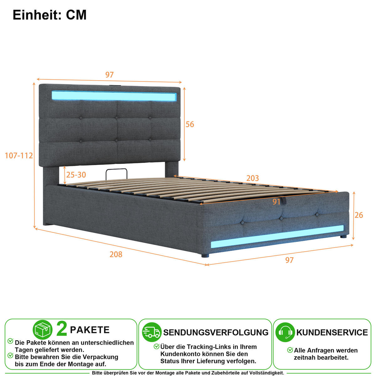 POLSTERBETT 90/200 cm in Grau mit LED und USB Leinen - Grau, Holzwerkstoff/Textil (90/200cm) - CHICFURN