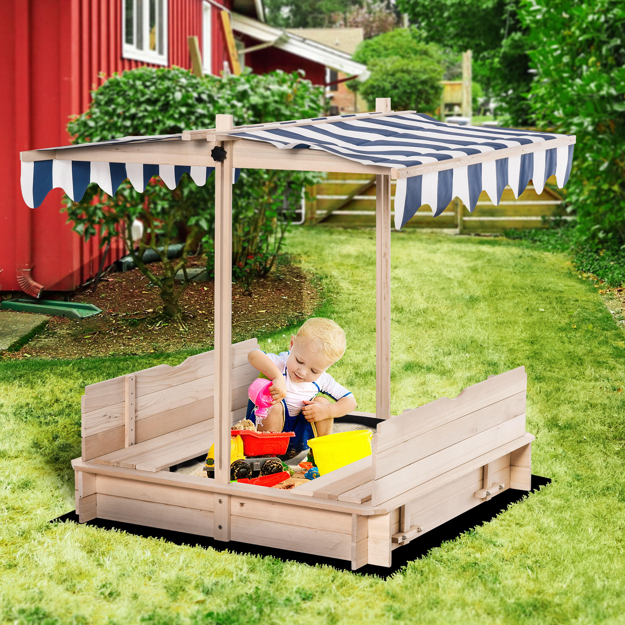 SANDKASTEN, Natur+Blau+Weiß, Tannenholz, Polyester-Stoff - Naturfarben, Holz (106/106/115cm) - Outsunny