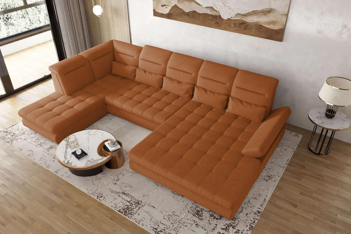 WOHNLANDSCHAFT Toscana Strukturstoff inkl. Schlaffunktion - Rostfarben, Textil (358/87/208cm) - 99rooms