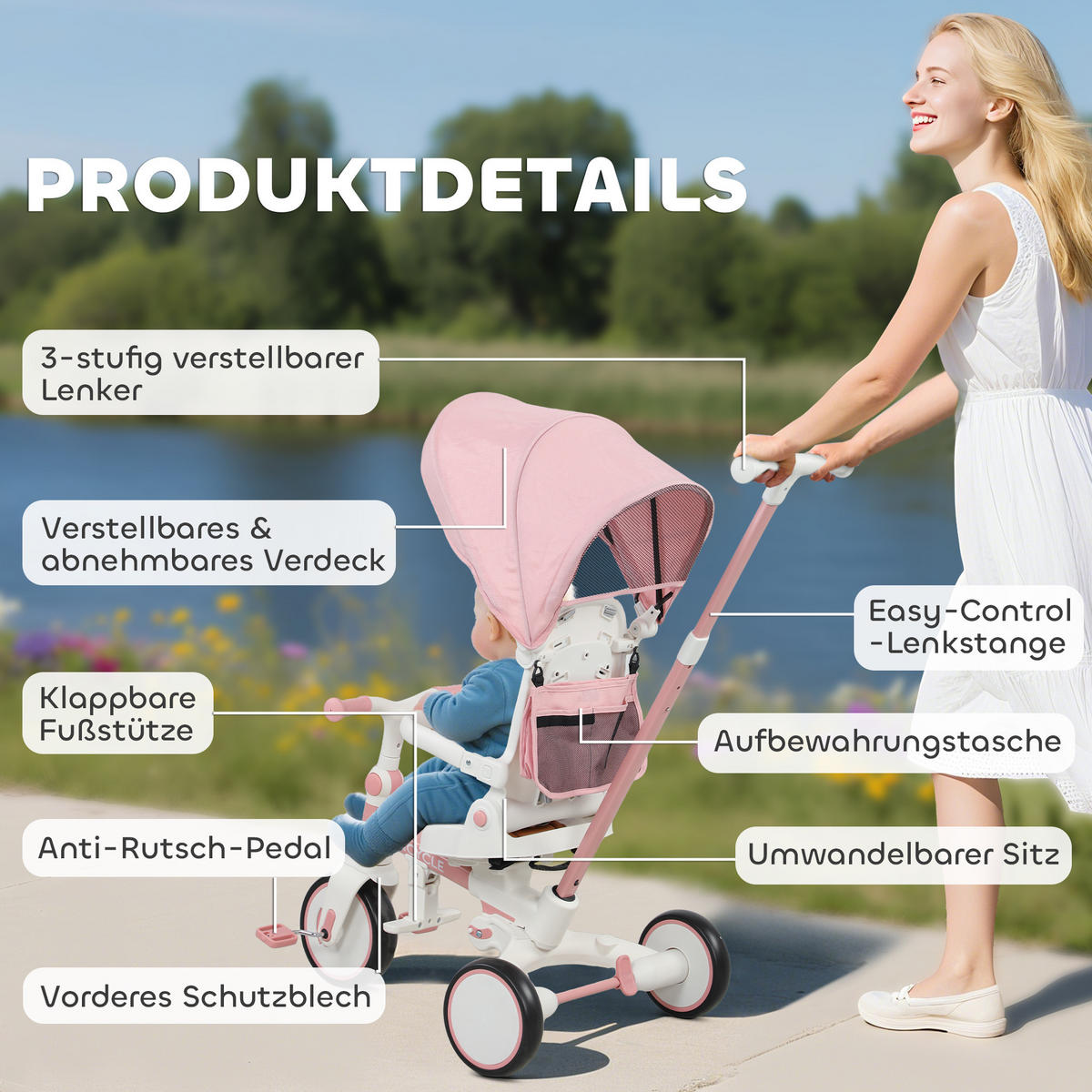 KINDER-DREIRAD DE-10486 5-in-1 wandelbar mit Schiebegriff Rosa - Pink, Metall (96.5/49/101cm) - ComfortXL