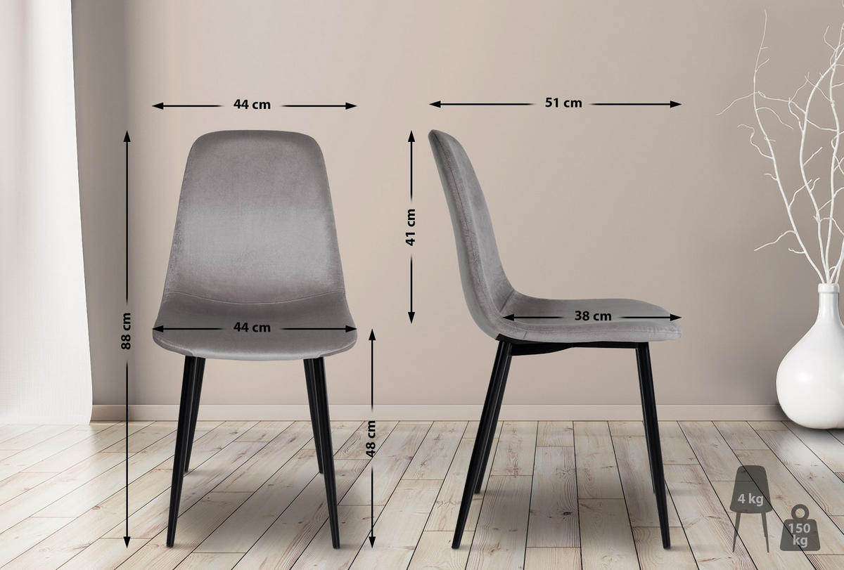 STUHL Samt Grau - Schwarz/Grau, Textil/Metall (44/88/51cm) - CLP
