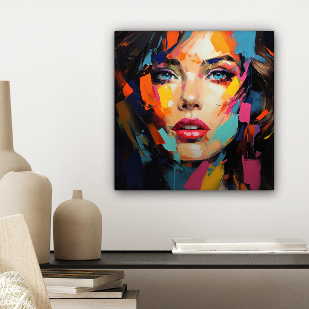 LEINWANDBILD Frau - Porträt - Farbenfroh - Kunst Deko Wohnzimmer 20x20 cm - Multicolor, Textil (20/20cm) - MuchoWow