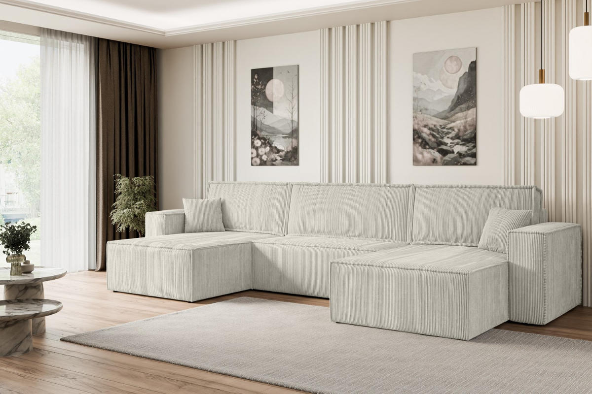WOHNLANDSCHAFT mit Schlaffunktion und Bettkasten CELTIC-XLU - 377x143x83 cm Creme Cord - Hellgrau/Creme, Holzwerkstoff/Kunststoff (377/83/143cm) - ALTDECOR