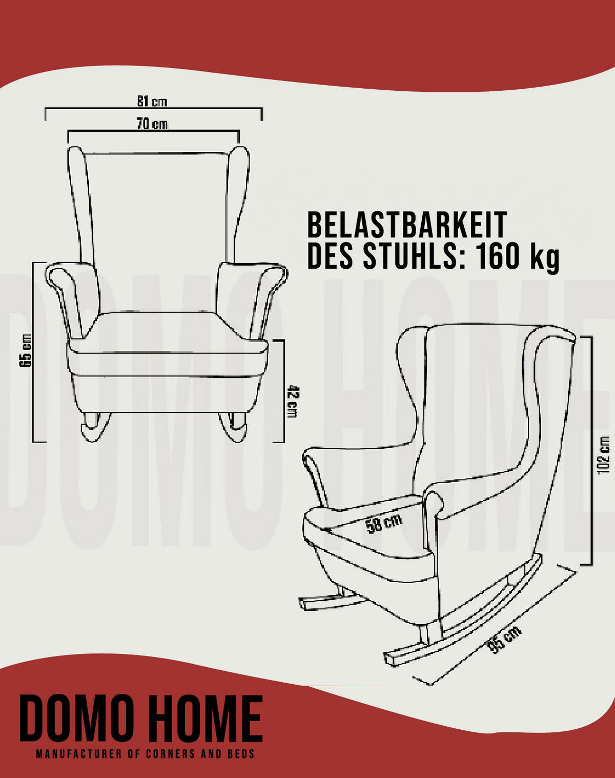 SCHAUKELSESSEL mit gepolstertem Sitz und Armlehnen, 102x81x95 cm, Burgunderrot_29834 - Weiß/Dunkelrot, Holz/Textil (81/102/95cm) - DomoHome
