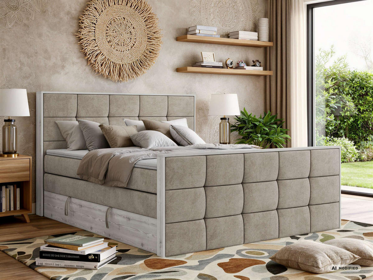 BOXSPRINGBETT ALNOR KING DUO 180/200 - Greige Stukture - Topper Visco - H4 - Greige/Schwarz, Kunststoff/Textil (180/200cm) - MKS