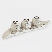 TEELICHTHALTER Weiß 3er-Set mit Dekoschale - Creme, Naturmaterialen/Holzwerkstoff (2.5cm) - Relaxdays