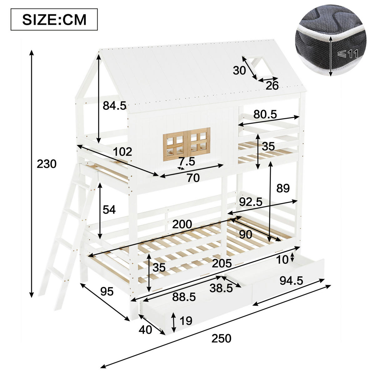 ETAGENBETT aus Kiefer und MDF 90x200 cm Weiß/Natur mit Dach, Fenstern, 2 Schubladen und Leiter - Weiß, Holzwerkstoff (90/200cm) - Modfu