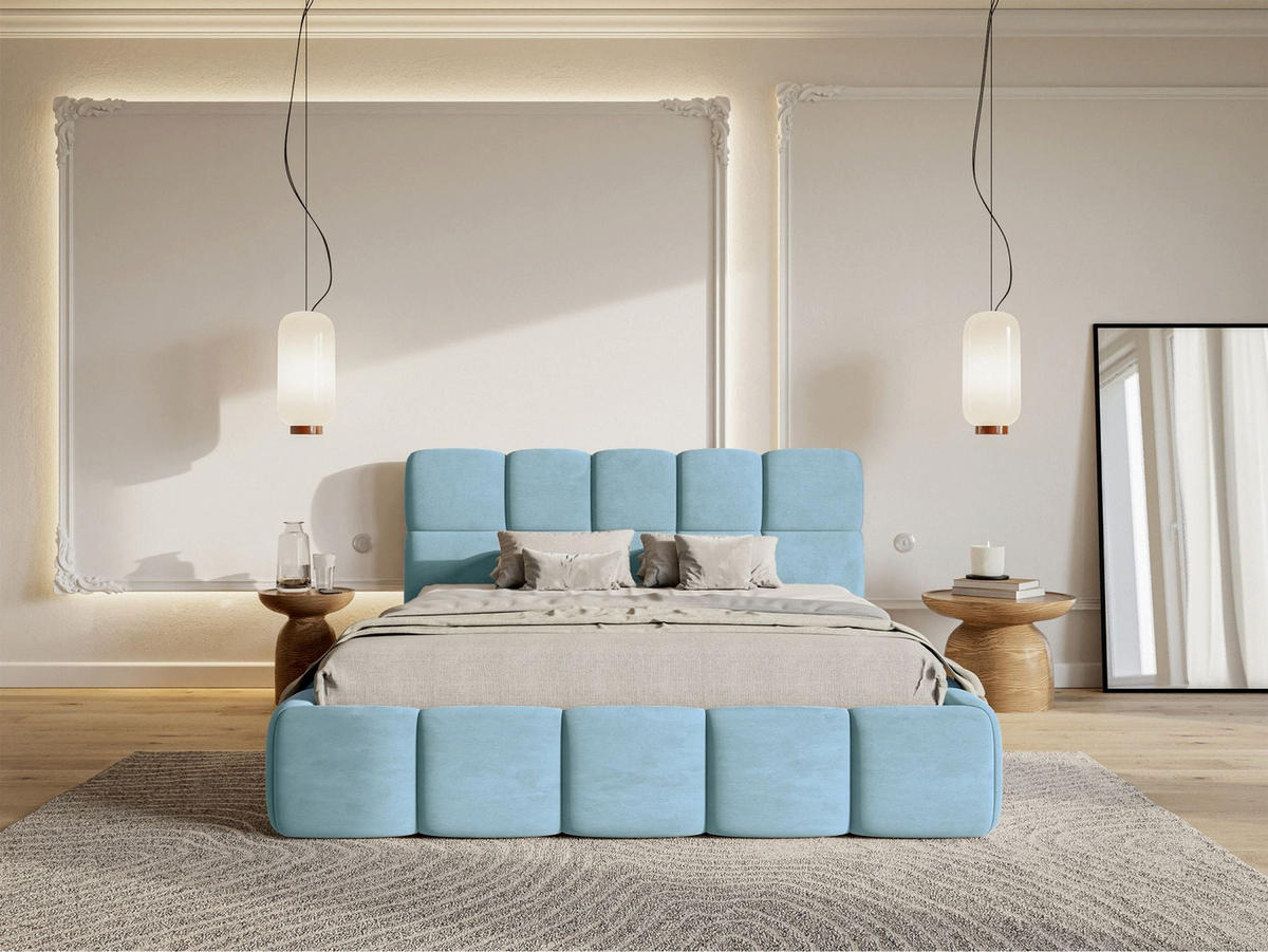 POLSTERBETT Cloudy Hellblau Samt, 120x200 cm - Schwarz/Hellblau, Kunststoff/Textil (120/200cm) - Selsey