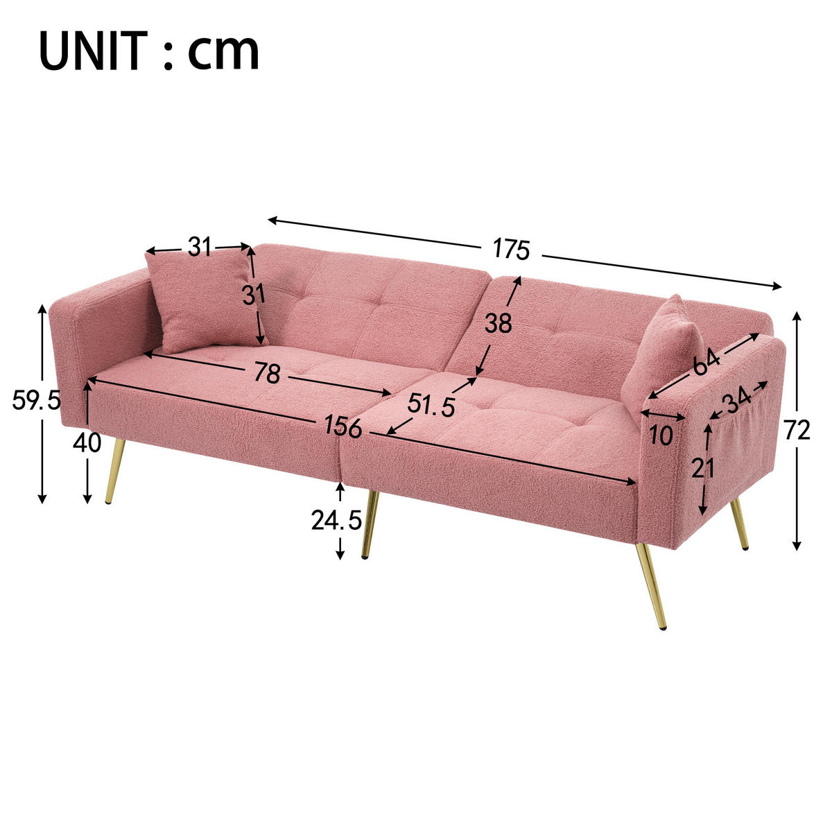 SCHLAFSOFA Sherpa mit verstellbarer Rückenlehne 105/138/180 Grad Rosa 175/64/72 cm - Rosa, Textil (64/72/175cm) - Redom