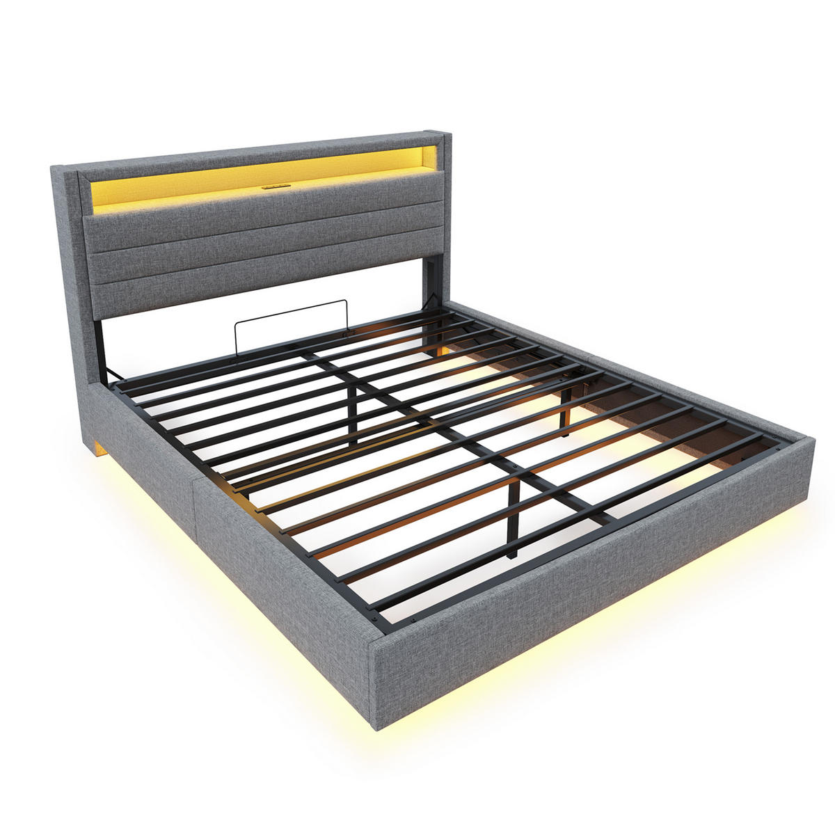 POLSTERBETT 160/200 cm mit Stauraum und LED-Beleuchtung aus Leinen grau - Grau, Textil (160/200cm) - OKWISH